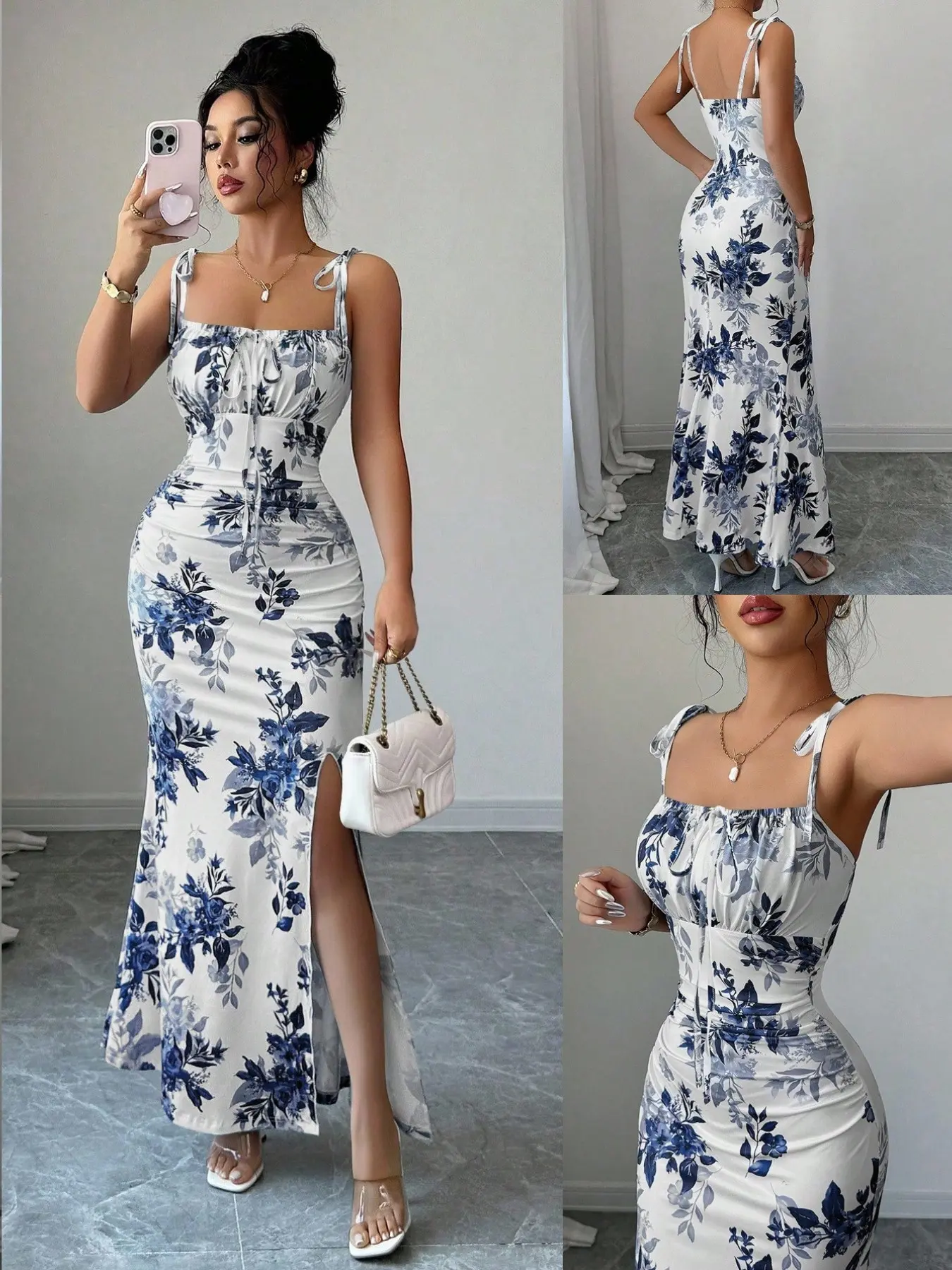 white christmas dresses Elegant Pink Sweetheart Spaghetti Strap Prom Dress with High Split Design main image 1