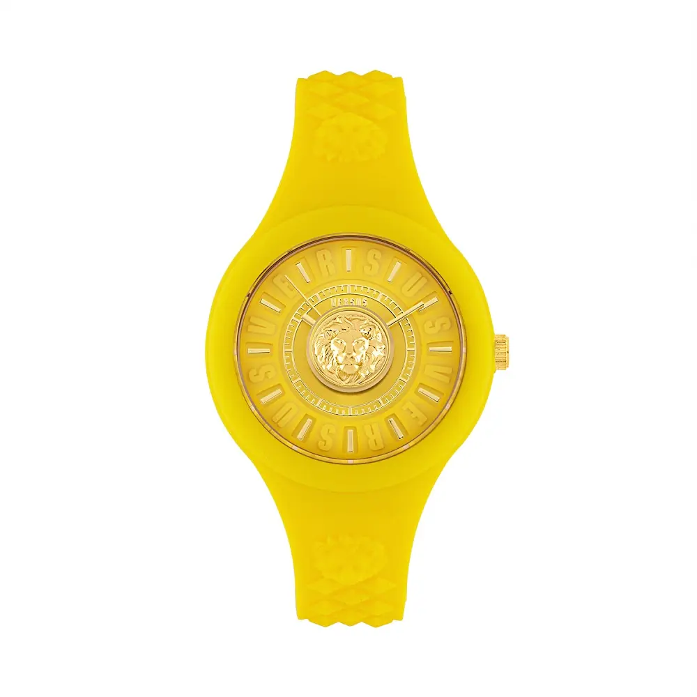 JTV Versus Versace Fire Island Watch 39mm Yellow with Gold Tone details Enamel Dial Silicone Strap