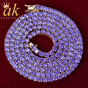Purple Tennis Chain Necklace Hip Hop Rock Street Jewelry AAAAA Cubic Zirconia 24K Real Gold Color Plated