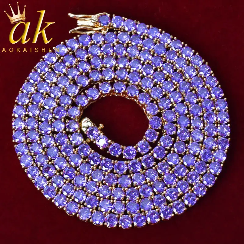 Purple Tennis Chain Necklace Hip Hop Rock Street Jewelry AAAAA Cubic Zirconia 24K Real Gold Color Plated
