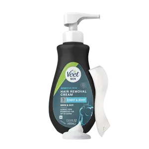 Veet Sensitive Skin Dermatologically Tested 13.5 Fl Oz. 5 Min Men's Hair Removal Gel Cream with Spatula For Body, Chest & Back Springtok Wax