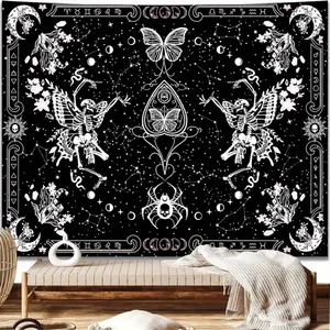 Gothic Skull & Butterfly Tapestry with Pink Constellations - Black and White Witchy Wall Hanging Decor for Bedroom or Living Room, 44" x 60", Featuring "Butterfly" & "Mystical" Themes, Polyester Fabric, Horizontal Design, Bedroom Wall Decor Variant