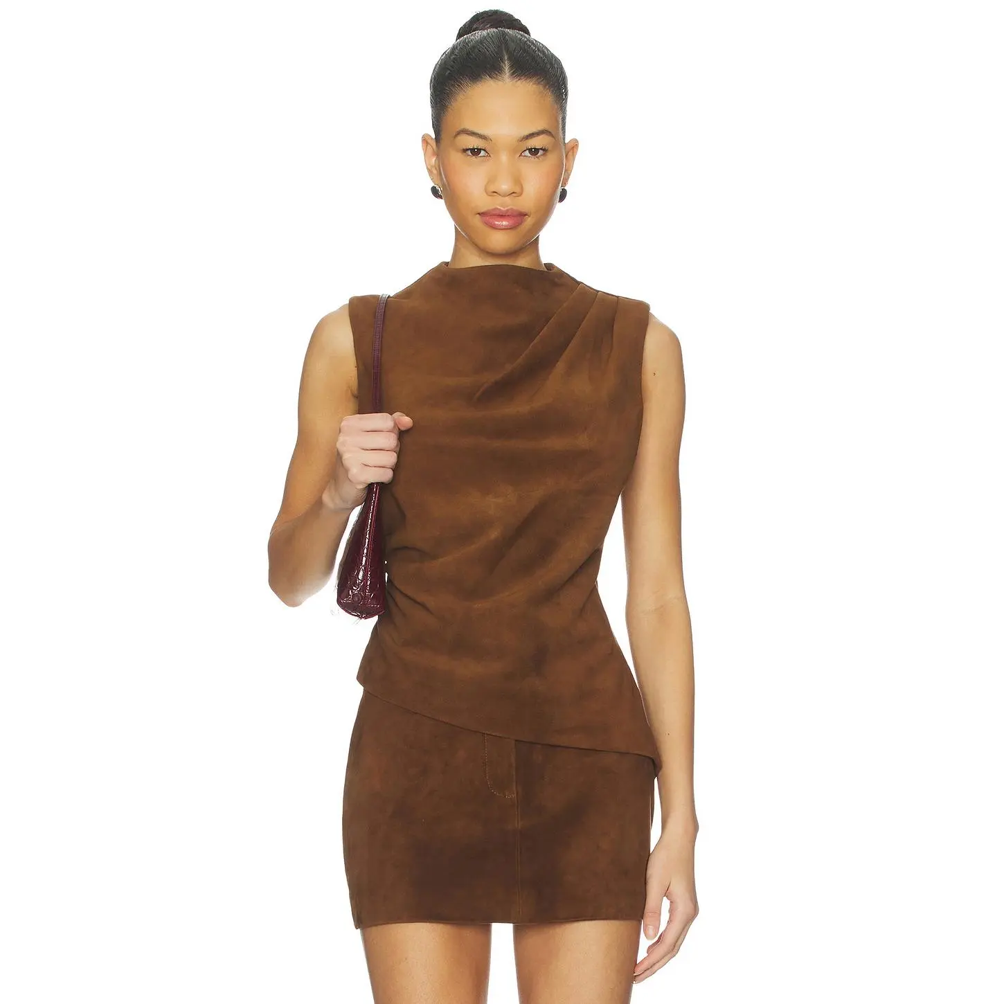 AEXAE x REVOLVE Leather Suede Ruched Top in Chestnut Brown