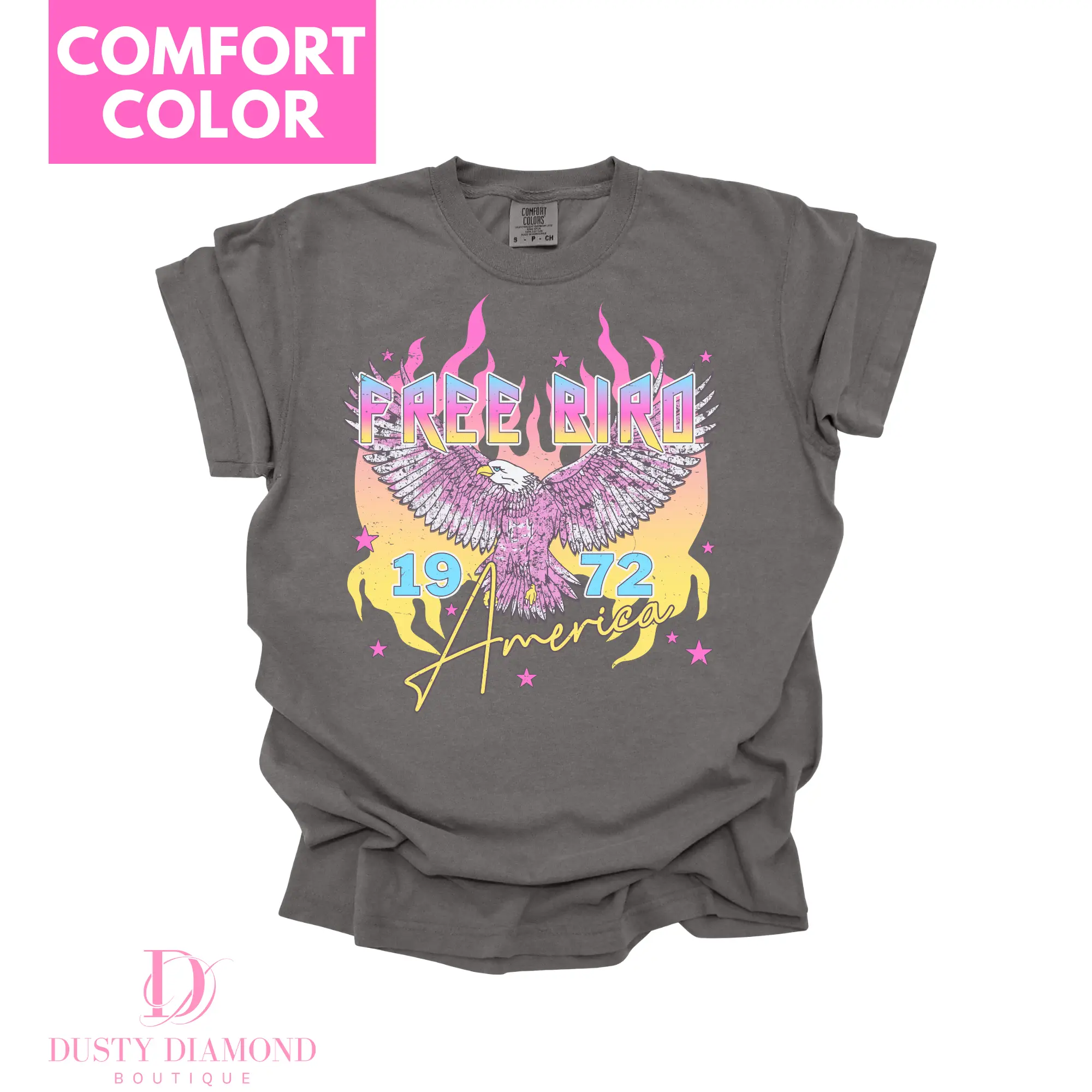 Dusty Diamond Boutique Neon Bird T-shirt - Women's Top with Graphic Design Featuring "FREE BIRD" and "19-72" - Womenswear