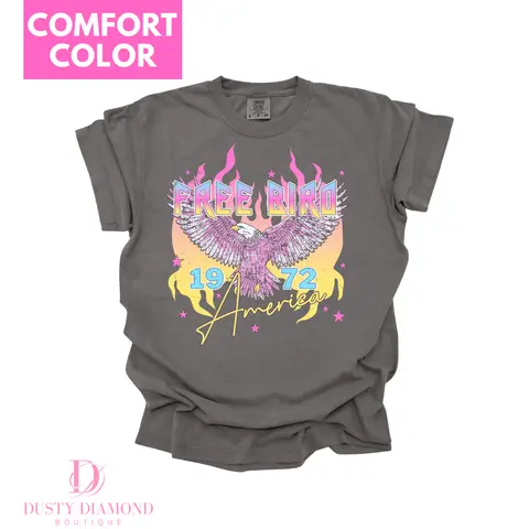 Dusty Diamond Boutique Neon Bird T-shirt - Women's Top with Graphic Design Featuring "FREE BIRD" and "19-72" - Womenswear