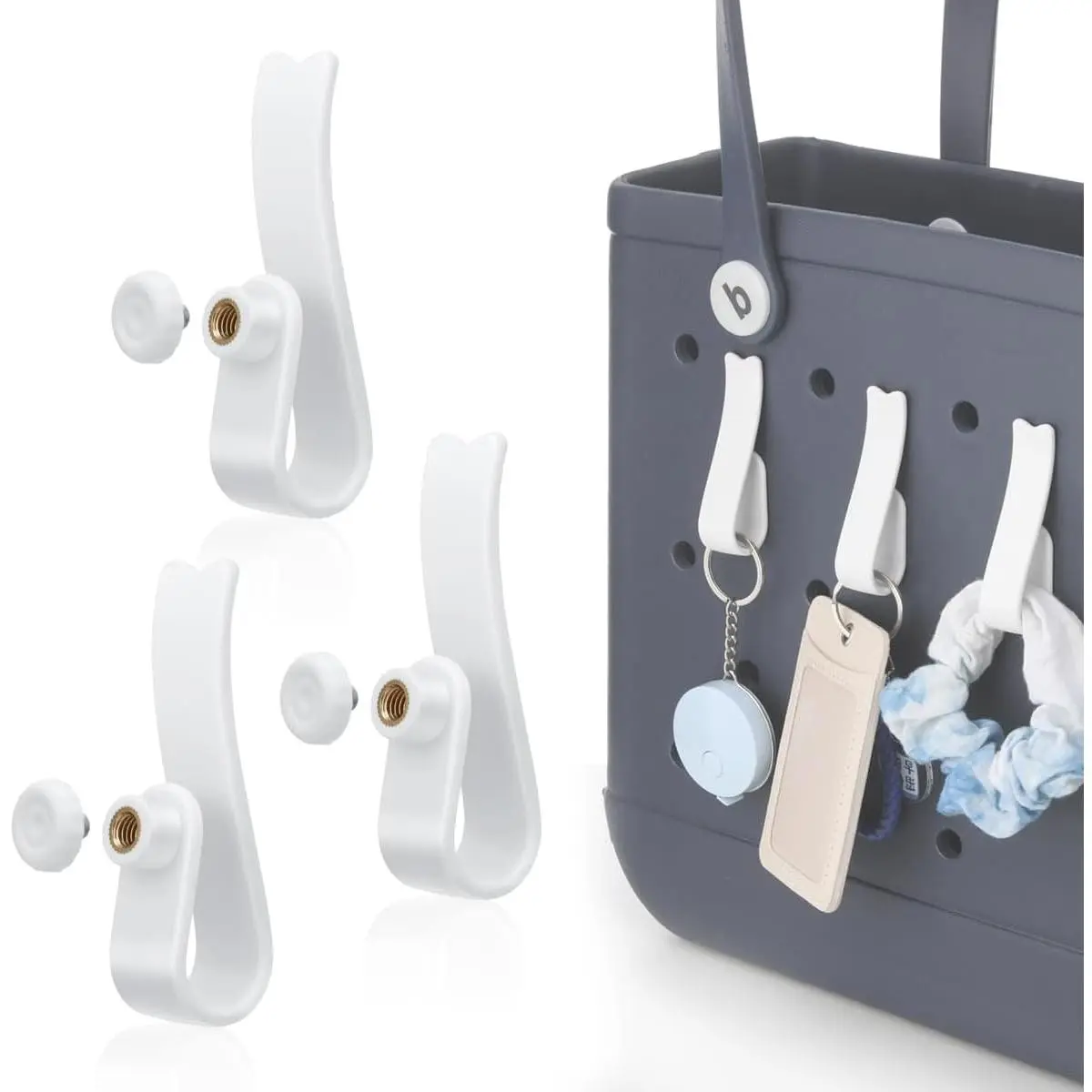 L-BR014  Hook Accessories Compatible with Bogg Bag, 3 Pack Insert Charm Keychain Holder for Beach Totes Bags, Hanging Keys, Water Bottles (White)