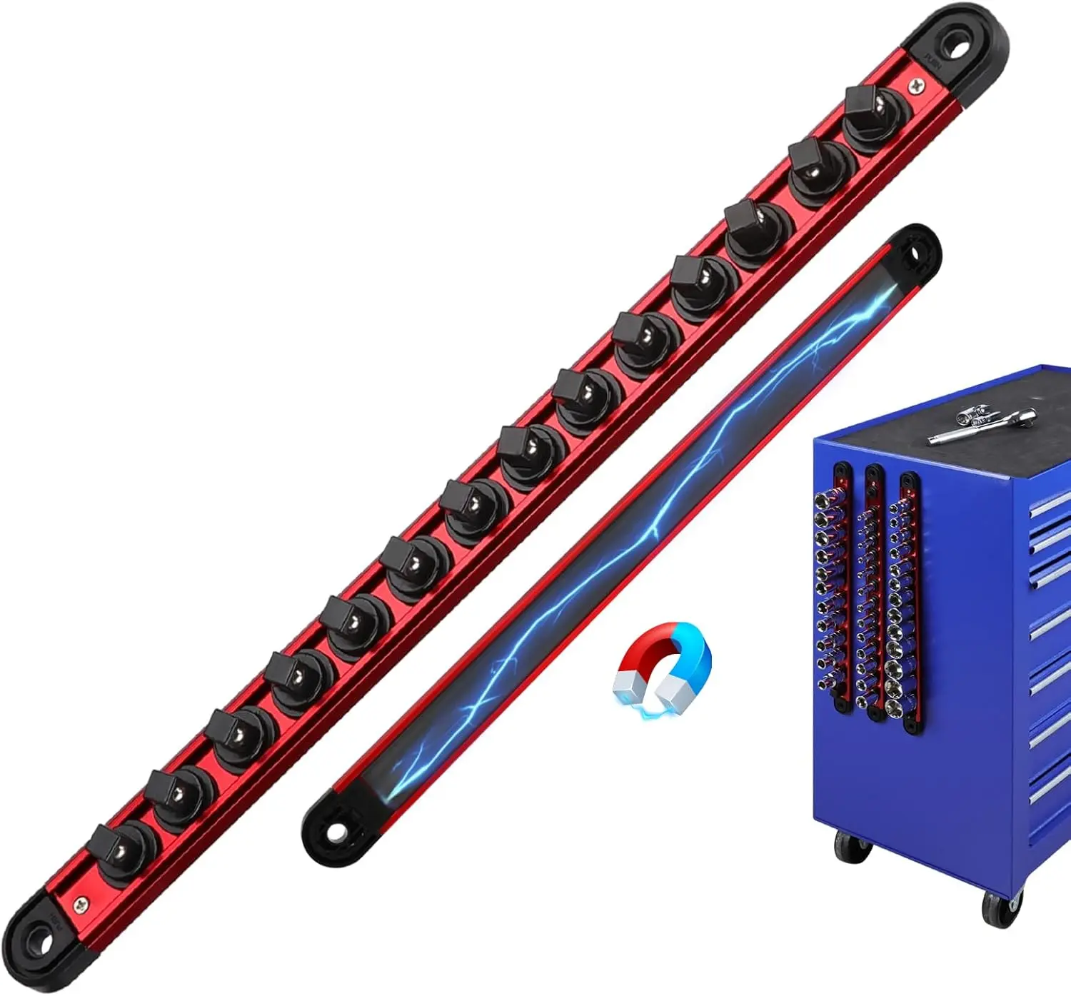 3/8-Inch Magnetic Socket Organizer Rail, Aluminum Alloy Socket Rail, Heavy Duty Sockets Holder with 14 Clips, 360° ivel Clip Tray, Sockets Organizer for Box Drawer (Red)