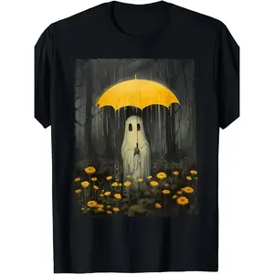 Whimsical Ghost Yellow Umbrella Black T-shirt with Vibrant Rainforest Soul Playing Daisy Print Casual Top Halloween Gift