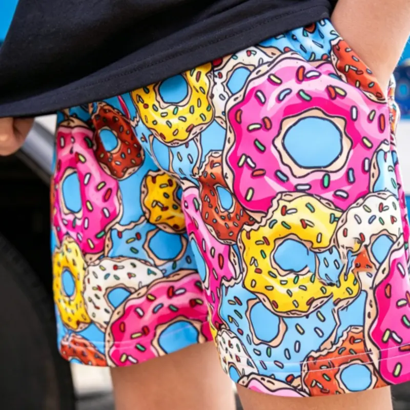Colorful Donut Print Summer Shorts, Boys' Quick-Dry Beach Trunks, Youth Swim Trunks, Breathable Loose Fit Swimwear, Pool, Vacation, Daily Wear, Casual Summer Swimwear, Childrens Swimwear
