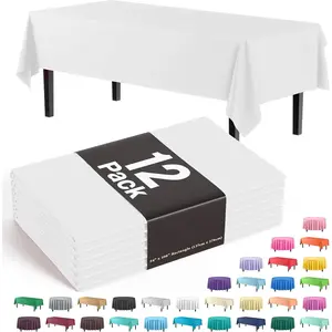 12-Pack Premium Plastic Tablecloth 54 Inch. x 108 Inch. Rectangle Table Cover-White