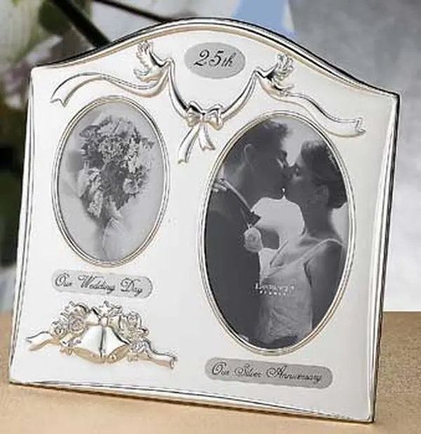 Lawrence Frames Satin Silver & Brass Plated 2-Opening Photo Frame with Tabletop Black Velvet Easel Backing - 25th Anniversary Design