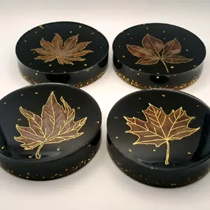 Extra Thick Handmade Coasters with Gold Leaf Design Black Resin Coasters for Drinks and Tableware