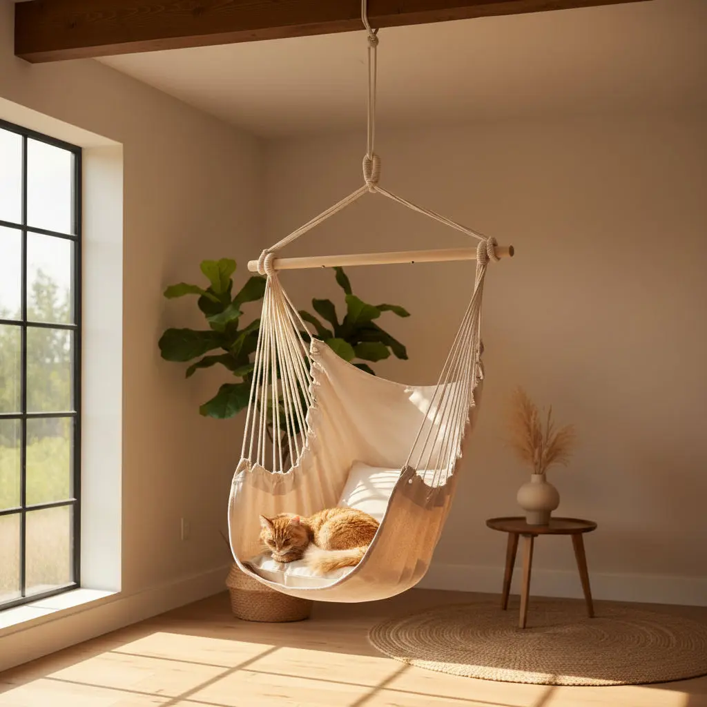Thick Cotton Canvas Hanging Rope Chair - Beige Patio Swing with Pillows, Natural Look, 100 x 130 cm Size, 198 lbs Weight Capacity, 30-Day Money-Back Guarantee