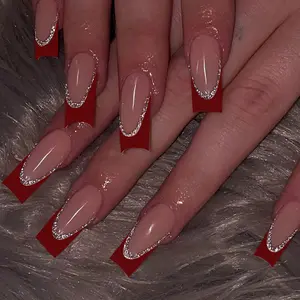 24pcs Medium Square Press-On Nails, French Style French Tip Glossy Finish, Glitter Decorative Nails, Reusable Nail Art Party Ready for Parties and Daily Wear, French Tips Nails