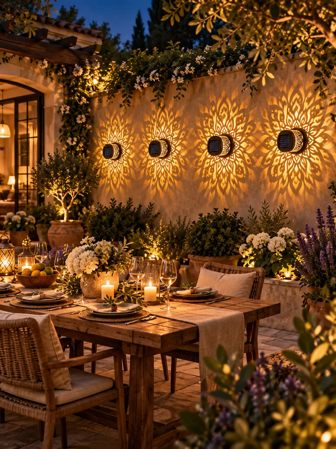 1/2/4 solar-powered mandala hollowed-out projection wall lamps, 7 RGB color modes, IP65 waterproof, no wiring required, easy to install, suitable for courtyards, walls, staircases, paths, gardens, and outdoor decorative lights during festivals