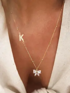 Artificial Crystal Bowknot Pendant Necklace, Alphabet Detail Pendant, Stainless Steel Bead Chain Necklace for Women, Fashion Jewelry for Party, Daily Decor, Trendy All-match & Exquisite Jewelry for Birthday Gift