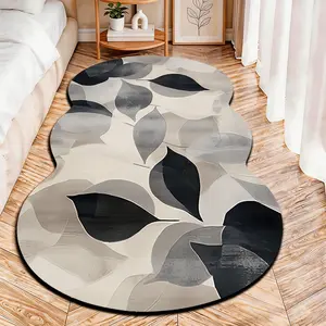 2D Flat velvet irregular rug with black, white and gray gradient leaf abstract pattern, machine washable non-slip carpet for bedroom, all seasons & holiday decor, durable & easy to clean.