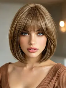 10 Inch Synthetic Fiber Heat-Resistant Short Bob Wig with Bangs, Golden Highlights, Natural Look, Fashion Headpiece for Daily Wear, Synthetic Fiber Wigs
