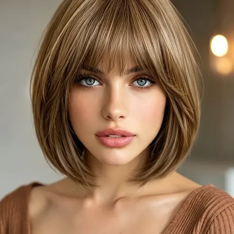 10 Inch Synthetic Fiber Heat-Resistant Short Bob Wig with Bangs, Golden Highlights, Natural Look, Fashion Headpiece for Daily Wear, Synthetic Fiber Wigs, Bob Style Wig