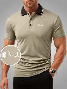 New men's polo shirt, Pringle of Scotland print pattern, stylish casual quick-drying and breathable men's short-sleeved top, durable, and stretchy, suitable for golf, fishing, camping and daily wear, all-season and easy to care for.