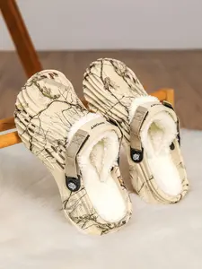 Men's Fur-Lined Garden Clogs, Warm Fuzzy Indoor-Outdoor House Slippers, Casual Striped Design, Eva Material, Perfect for Winter Comfort