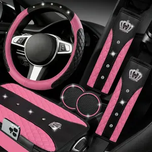 NBTEPEM 6 PCS Bling Car Accessories Set, Leather Steering Wheel Covers Universal 14.5-15 inch, Center Console Cover, Seat Belt Cushion, Cup Holder Coaster (Pink)