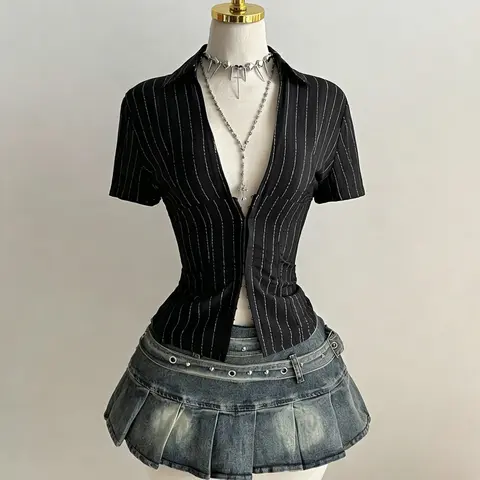 Women's Summer Striped Deep V-Neck Waist-Cinching Casual Collared Button-Up Short Sleeve Shirt, Fashionable Design, Casual Wear, Stylish Blouse, Buttoned Collared, Casual Classy Top