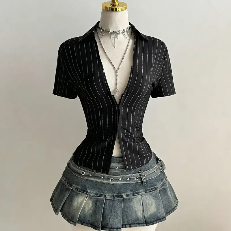 Women's Summer Striped Deep V-Neck Waist-Cinching Casual Collared Button-Up Short Sleeve Shirt, Fashionable Design, Casual Wear, Stylish Blouse, Buttoned Collared, Casual Classy Top