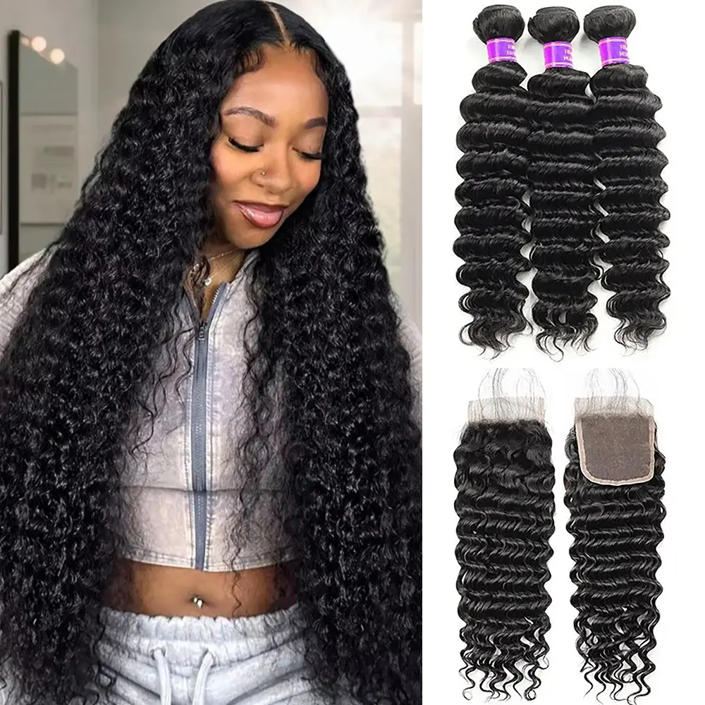 Brazilian Deep Wave Bundles With Closure Virgin Human Hair Bundles With Closure Quick Weave Extensions