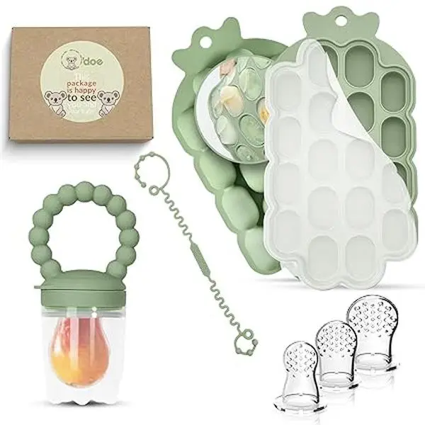 O’doe BPA-Free Silicone Safe Baby Teething Popsicle Molds Set (18-Hole Stackable Mold) - Fruit Pacifier Feeder, 1 Clip, 1-Pack Freezer Tray with Lid, 3 Extra Pacifiers for Teething Relief, Cleaning-Friendly Kid-Friendly, 1 Baby Feeder