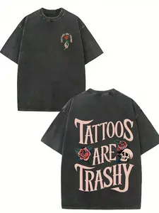 Men's Washed T-Shirt, Loose Casual Vintage Style, Double-Sided Print Tattoo Design, Perfect Gift & Daily Wear
