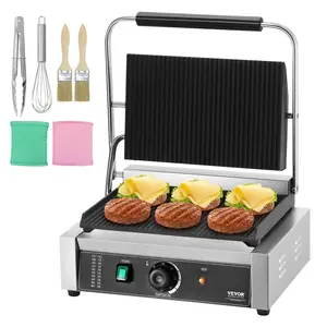 Spring new arrivals Commercial Panini Grill, 1800W Electric Sandwich Panini Maker, Stainless Steel Sandwich Press, Panini Grill with Temp Control & 14"x9" Full Grooved Enamel Plate, for Hamburger Steak Bacon
