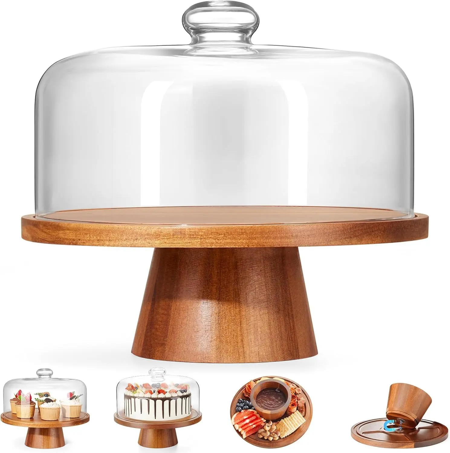 Wooden Cake Stand with Lid, Acacia Cake Stand with Glass Dome, 11-Inch Versatile Dessert Stand with Strong Magnetic Pedestal, Cake Holder for Birthday/Kitchen/Party/Charcuterie