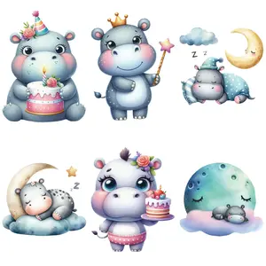 Cute Cartoon Hippo Birthday Theme Heat Transfer Stickers, Colorful Iron-On Patches for Clothes, DIY Accessories for T-Shirts, Hoodies, Bags