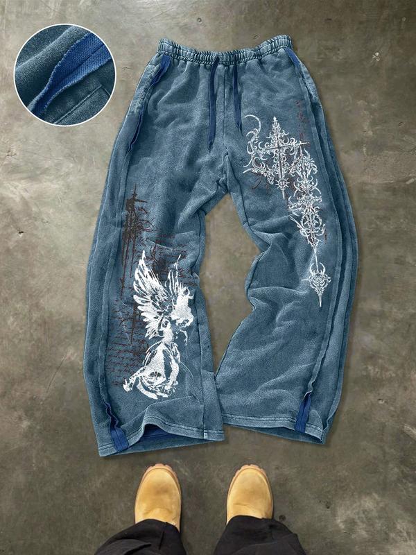 Men's Washed Cotton Sweatpants with Side Stitching, Gothic Pattern, Comfortable Casual Pants for Daily Wear