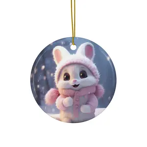 Circle Ceramic Ornament, Christmas Bunny Ornament - Holiday Decoration, Tree Ornament, Gift Idea, Christmas Decor, Cute Bunny Gift