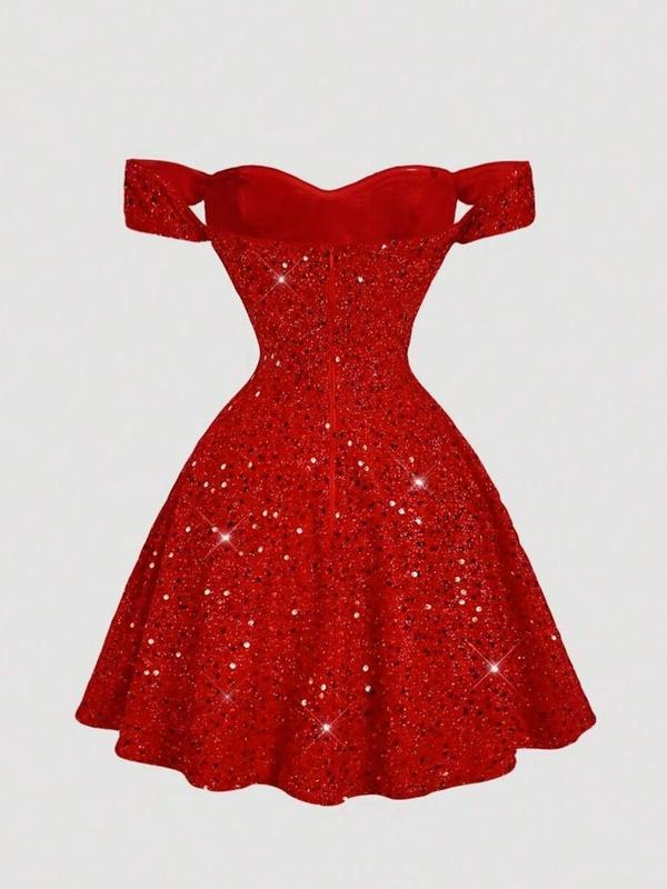 Women Red Sequin Off-Shoulder Mini Dress Fairy Core Tube Dress New Year Party Outfit