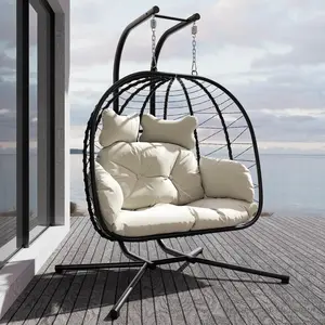 [Mother's Day gift] RIWENGO Double Hanging Egg Chair with Cushion, 700lbs Capacity - Foldable Patio Chair with Handwoven PE Wicker & Rust-Proof Frame, for Garden, Porch, Backyard Soft Lounge Swing