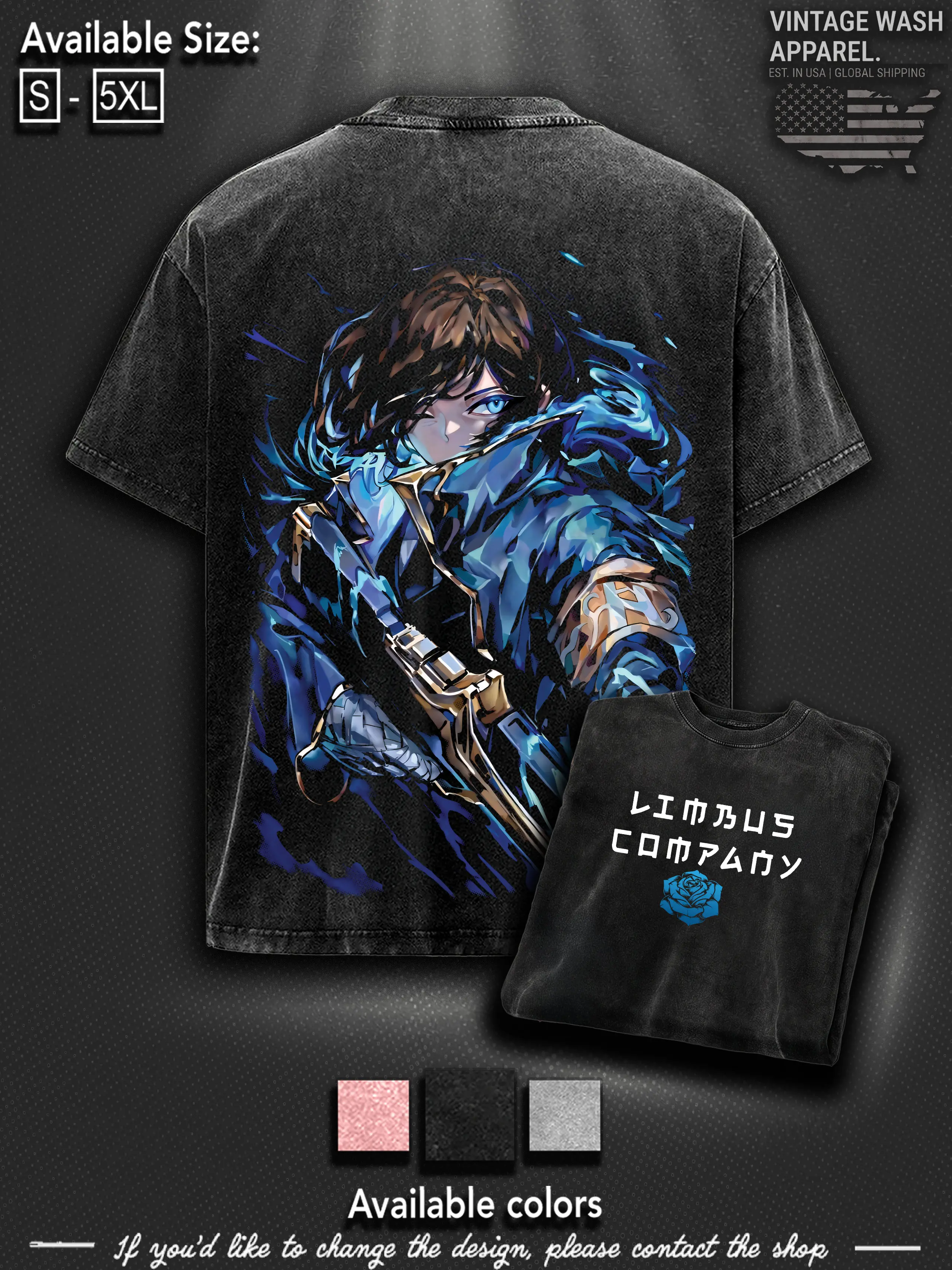 Limbus Company Hoodie & T-Shirt Blue Rose Sinner Graphic, Vintage Acid Wash Apparel, Project Moon Game Merch, W Corp Aesthetic Pullover, Unisex Cotton Breathable Casual Classic Day