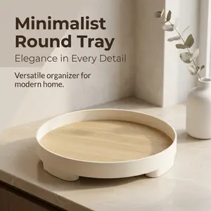 Round White & Wood Grain Decorative Tray with Elevated Base, Non-Slip Organizer for Vanity, Bathroom & Coffee Table