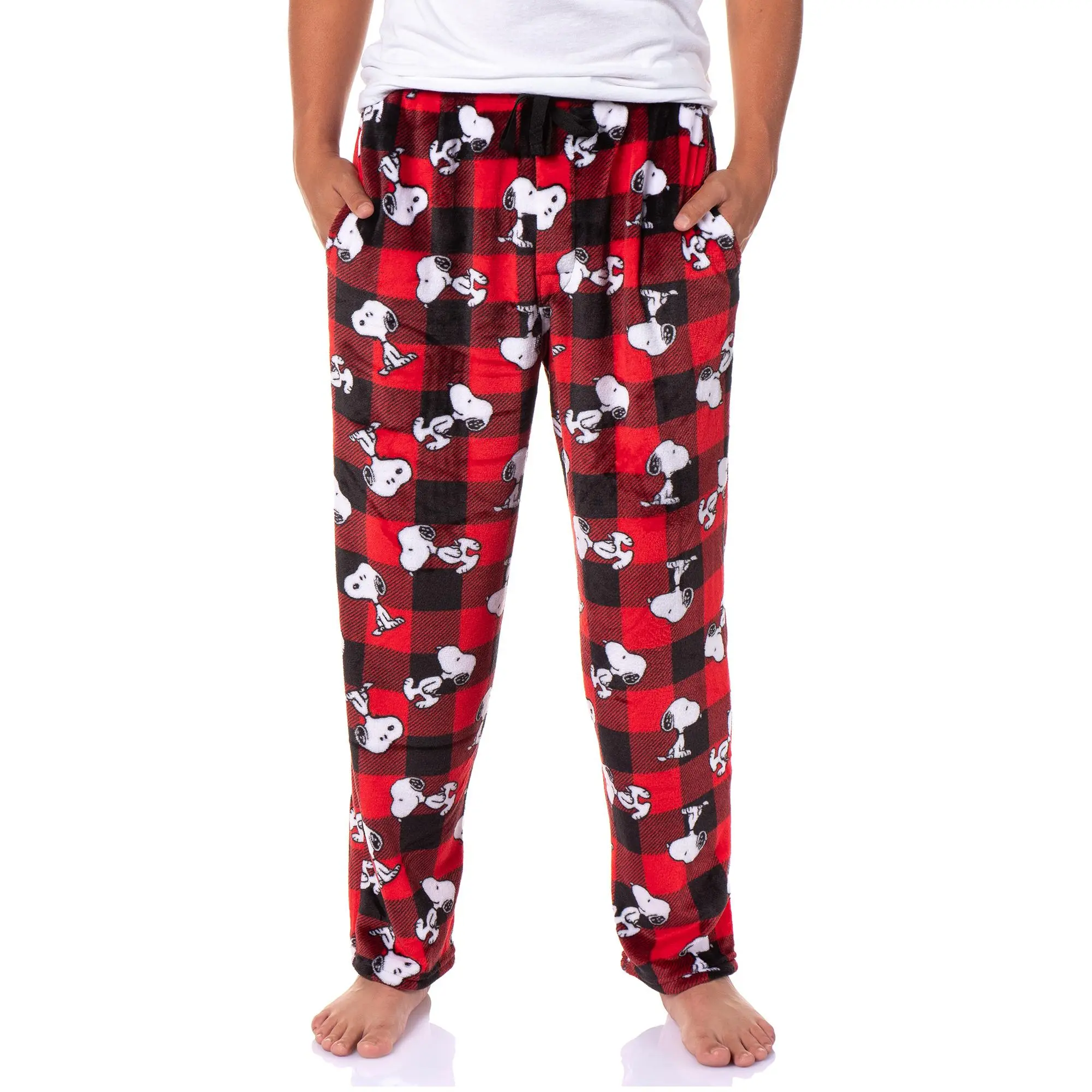 Men's Classic Peanuts Snoopy AOP Character Buffalo Toss Soft Polyester Fabric Nightwear Pajama Lounge Pants, Menswear with Side Pockets & Drawstring Waist
