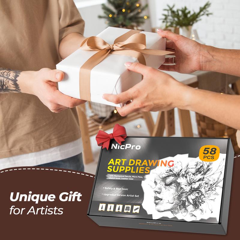 Nicpro 58 Pack Art Drawing Supplies Kit in Leather Case, Sketching Set with 6 Metal Mechanical Pencil 0.5 & 0.7 & 0.9 & 2mm, 12 Micron Pen & Sketch Book, Erasers Lead Refills for Artist Drafting, Art Supplies Nicpro 58 Pack Art Drawing Supplies Kit in Leather Case, Sketching Set with 6 Metal Mechanical Pencil 0.5 & 0.7 & 0.9 & 2mm, 12 Micron Pen & Sketch Book, Erasers Lead Refills for Artist Drafting, Art Supplies