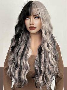 26 inch gray & black long water wave wigs for women, gorgeous fluffy synthetic fiber wig with blunt bangs, synthetic full machine wigs for women daily party cosplay costume wig, wavy ombre wig