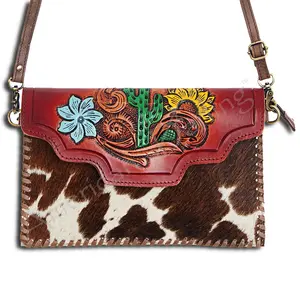 American Darling Western Envelope Bag, Hand Tooled Floral Carved Leather & Hair-On Cowhide Crossbody, 7in (H) X 12in (W)