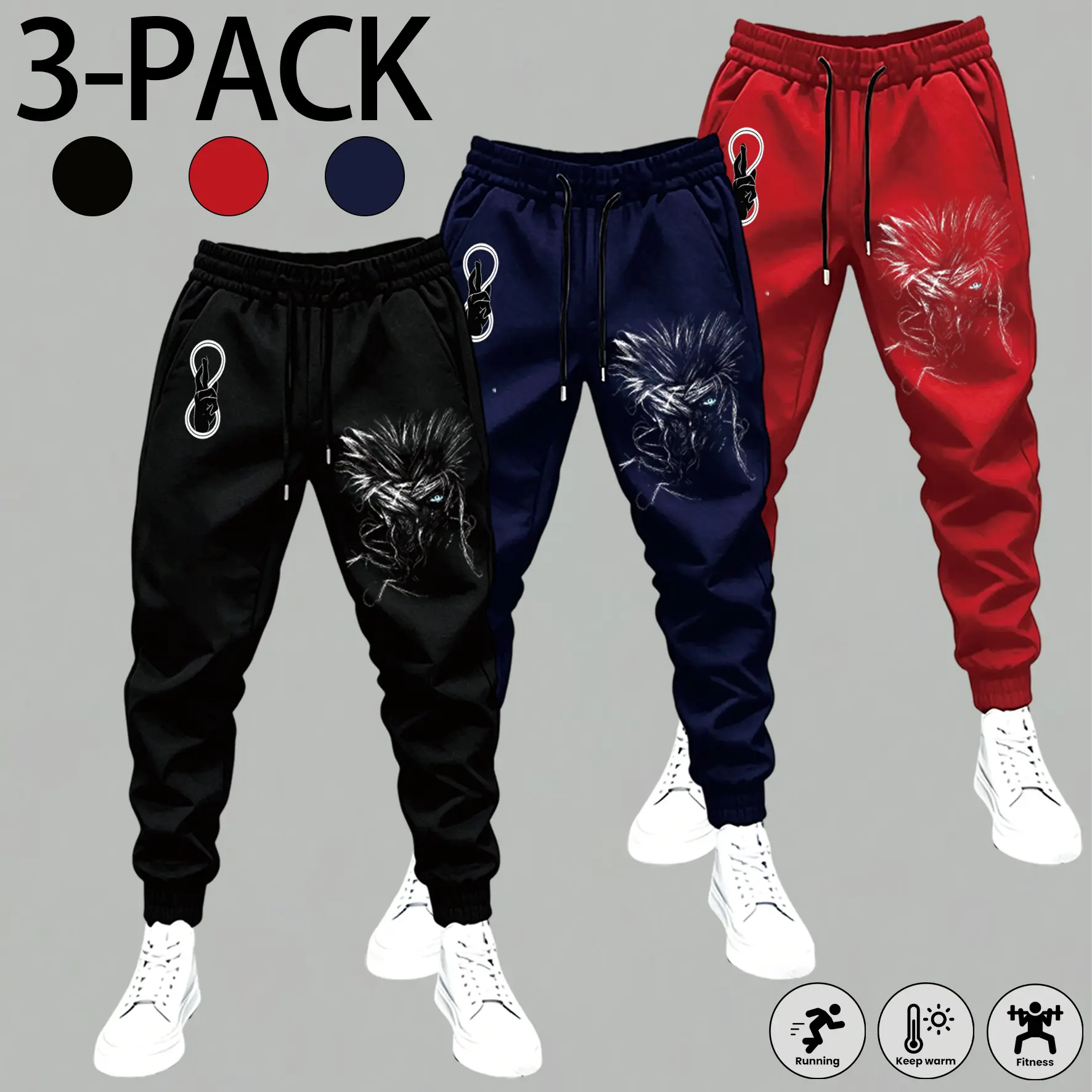 3 Pack Mens Anime Print Drawstring Joggers Casual Streetwear Athletic Sweatpants Elastic Cuff Gym Workout Trousers With Side Pockets