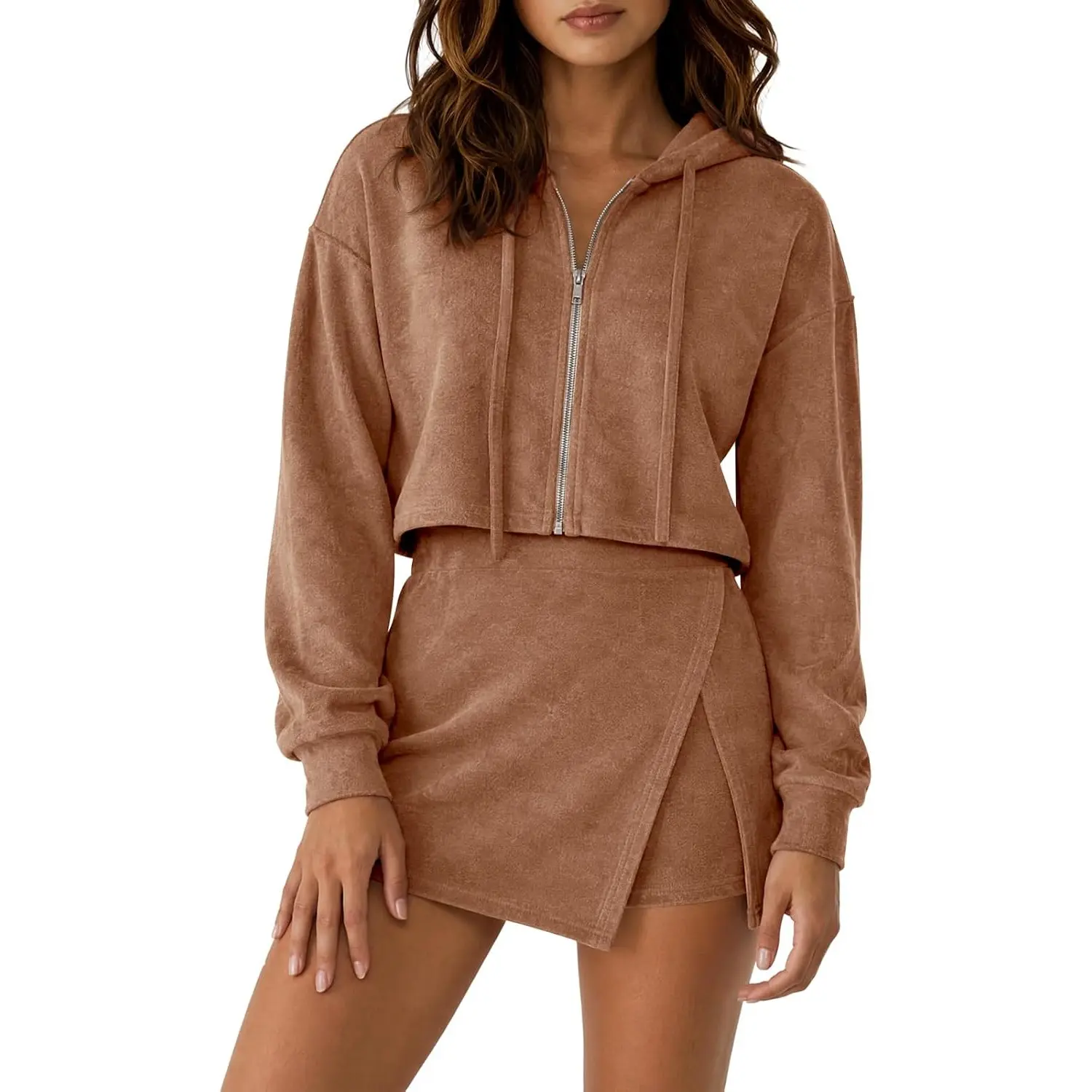 Fisoew Women's 2 Piece Outfit Plush Terry Loungewear Set with an Oversized Adjustable Zip Hoodie and Asymmetrical Skort, Essential, Retro, Beach, Matching, Lightweight, Fabric, Towel, Cropped, Cloth, Wrap Everyday Khaki, Casual, Long Sleeve, Skirt