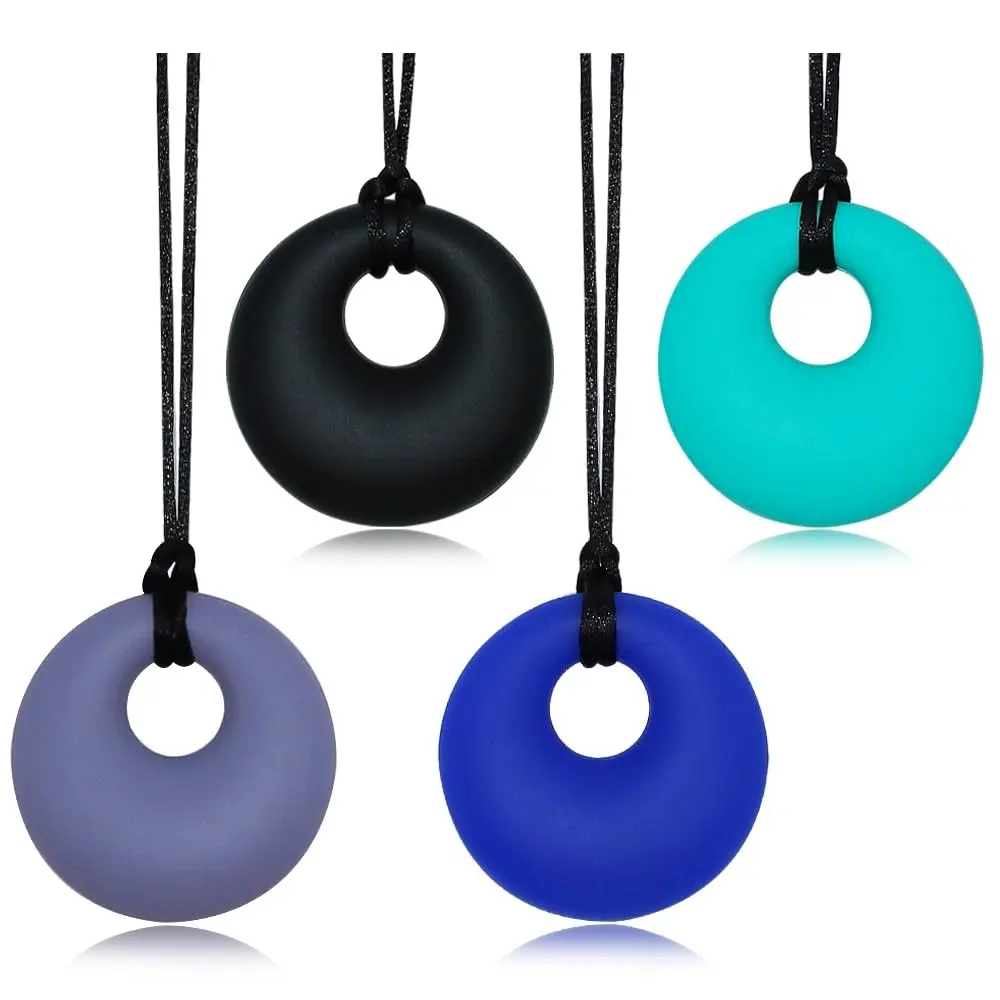 FNE18 4 Pack Chew Necklaces for Sensory Kids and Adults, Silicone Chewy Necklace for Boys Girls with Autism ADHD Anxiety Reduce Fidgeting, Oral Chew Necklace for Kids and Adults Chewing, BPA Free