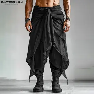 Japanese/Samurai men's/unisex black deconstructive multi-layer wrapped pants | pleated pleated skirt pants | streetwear, stage styling, concept shooting(Sheets)