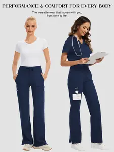 Kecols High Rise Yoga Scrub Pants Women - Straight Leg Uniform Pants with Cargo Pocket, Anti-Wrinkle & Knit Yoga Waistband 5 Pockets&4-Way Stretch