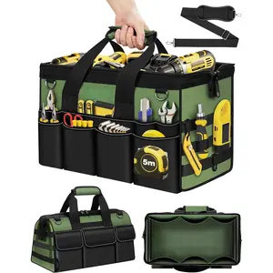 16-Inch Heavy Duty Tool Bag, 19-Pockets Tool Box Organizer, Portable Toolbag W/Soft Handle  Organized Storage, Mechanic Gifts  Men Dad Husband Fathers Day, Wide Mouth Electrician Toolbox, Green